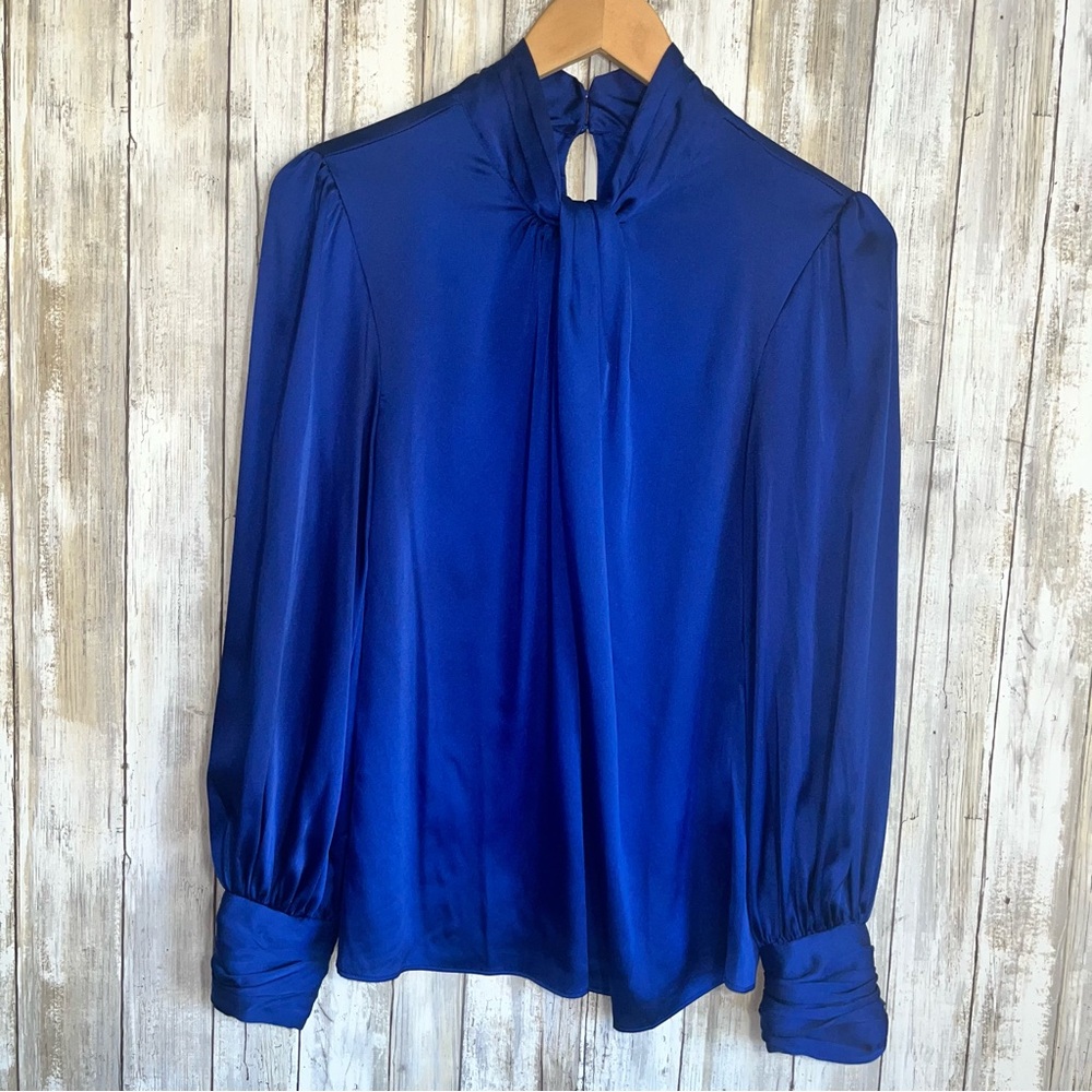 White House Black Market Cobalt Blue Satin Twist Neck Blouse – Size 4 - Picture 2 of 6